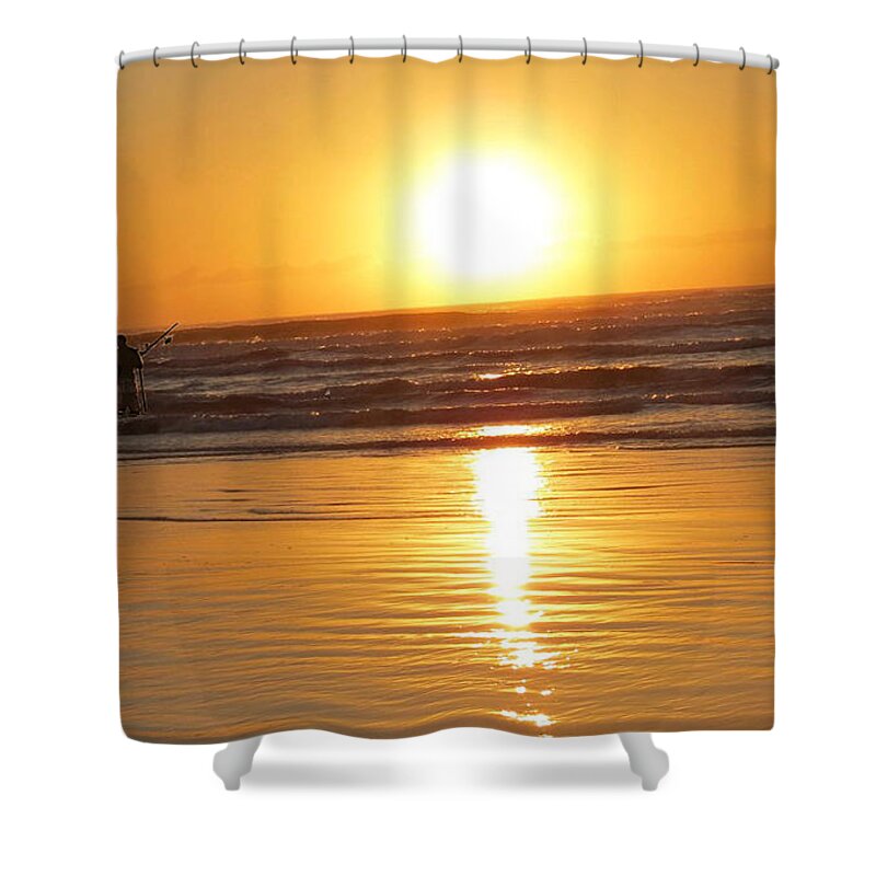 Fisherman Shower Curtain featuring the photograph Fisherman at sunrise by Metaphor Photo