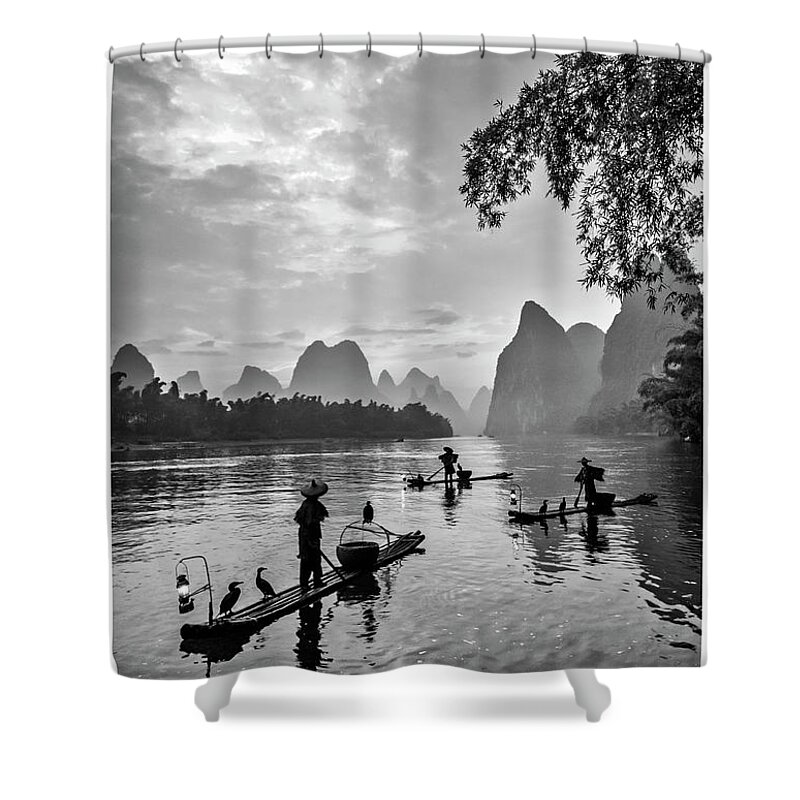 China Shower Curtain featuring the photograph Fishermen at dawn. by Usha Peddamatham