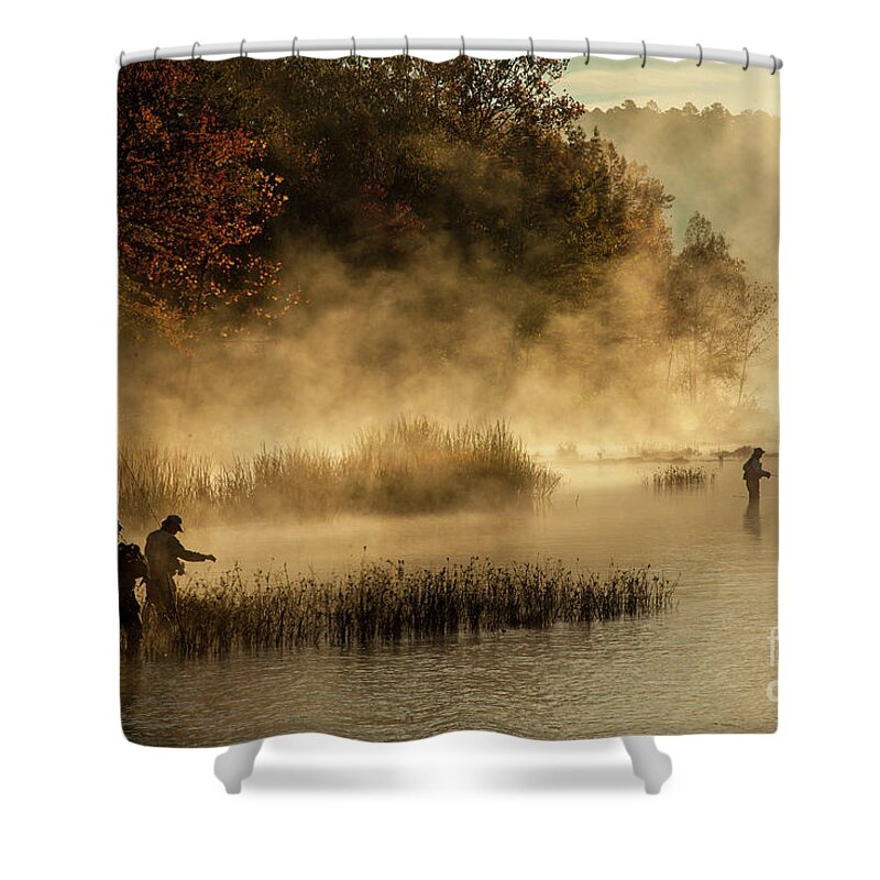 Fishermen Shower Curtain featuring the photograph Fishermen in the mist by Iris Greenwell
