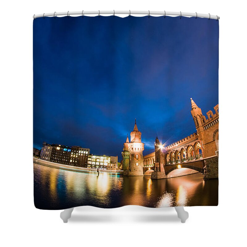East Shower Curtain featuring the digital art Fisheye bridge by Nathan Wright