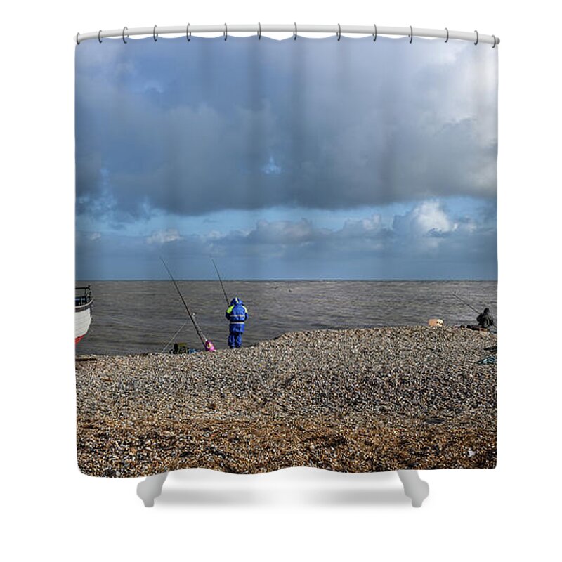 Boat Shower Curtain featuring the photograph Fishing at Dungeness Beach by Perry Rodriguez