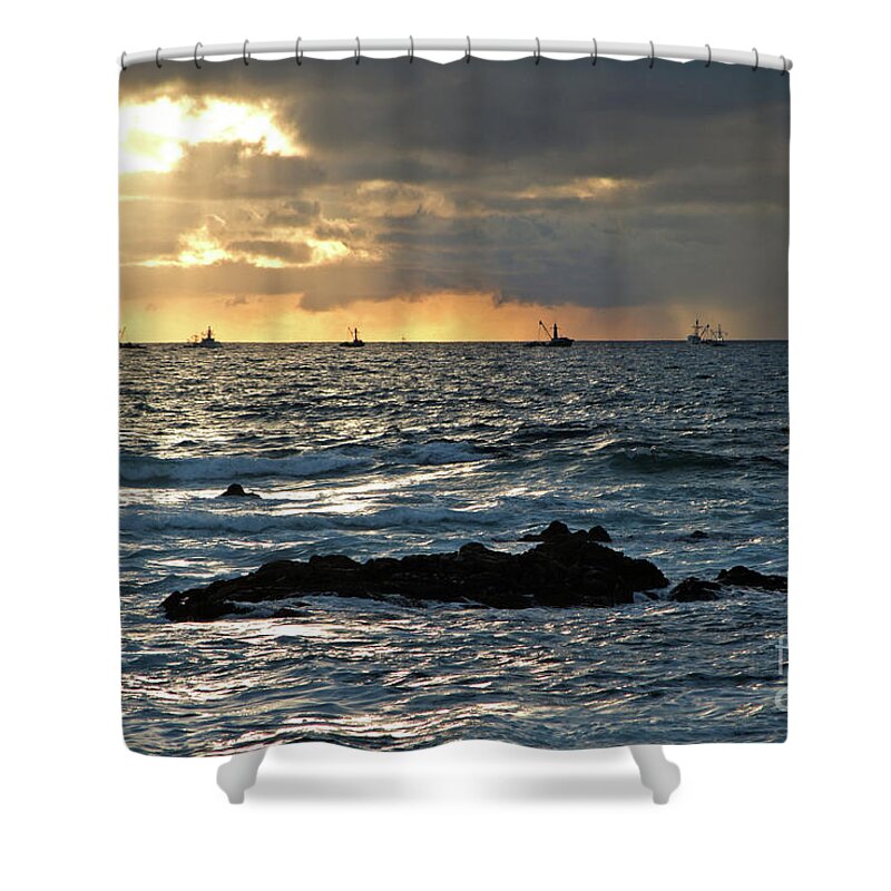 Fishing Boats Shower Curtain featuring the photograph Fishing Boats off Point Lobos by Charlene Mitchell