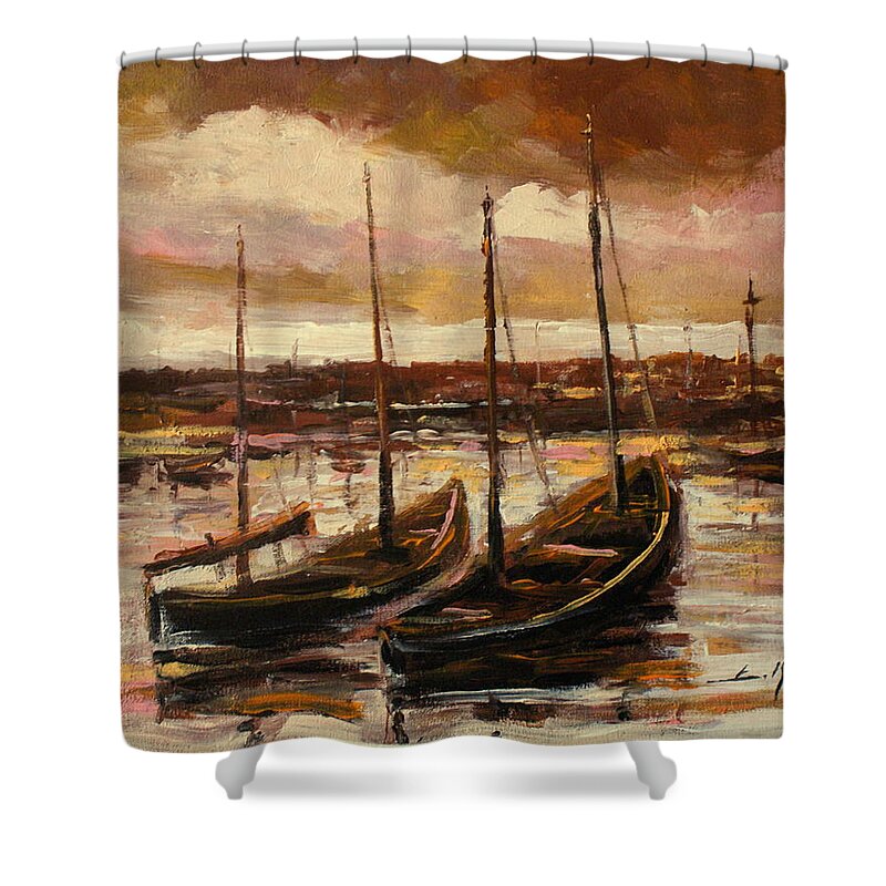 Fishing Cutters Shower Curtain featuring the painting Fishing cutters by Luke Karcz