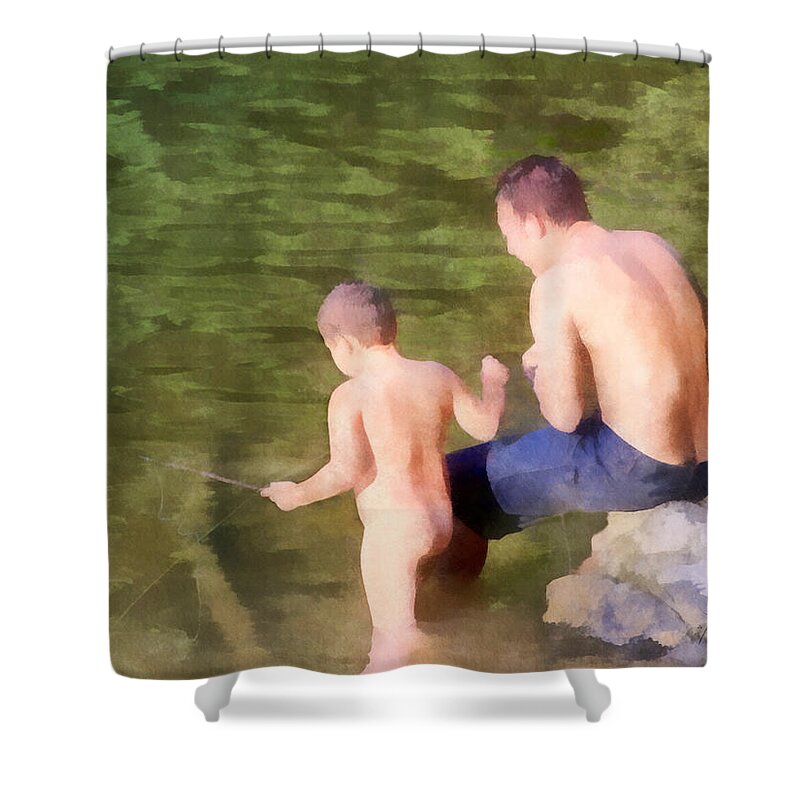 Fish Fishing Swim Swimming Wade Wading Teach Learn Lesson Father Son Parent Child Together Sharing Shower Curtain featuring the digital art Fishing Lesson by Frances Miller