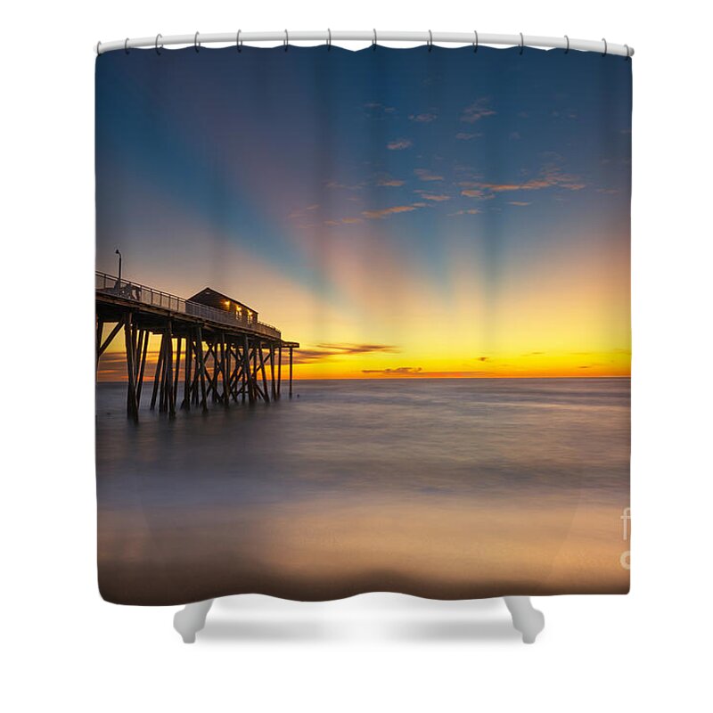 Fishing Pier Sunrise Shower Curtain featuring the photograph Fishing Pier Sun Rays by Michael Ver Sprill