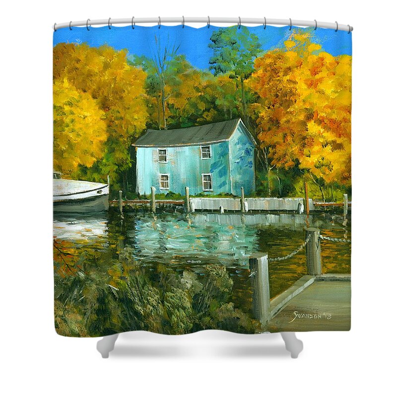 Landscape Shower Curtain featuring the painting Fishing Shanty by Michael Swanson