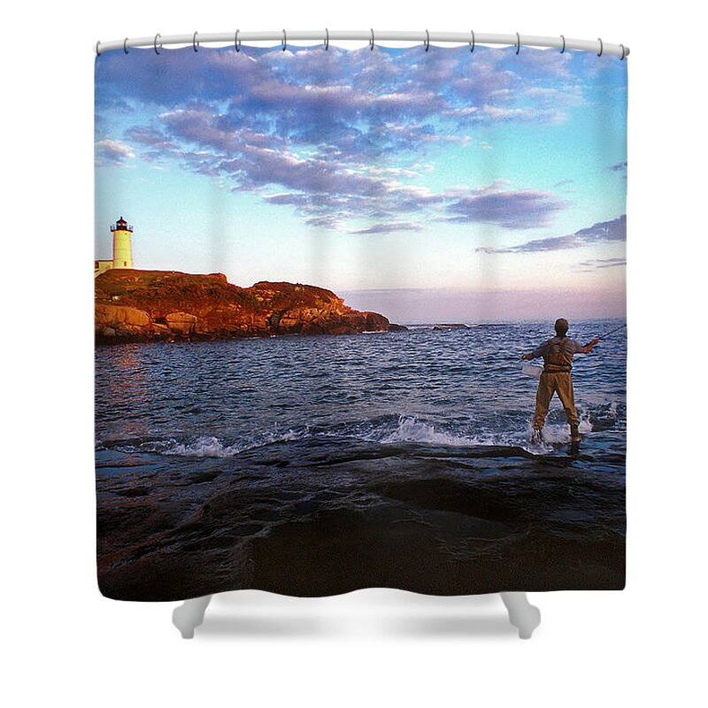 Lighthouse Shower Curtain featuring the photograph Fishing The Nubble by Skip Willits