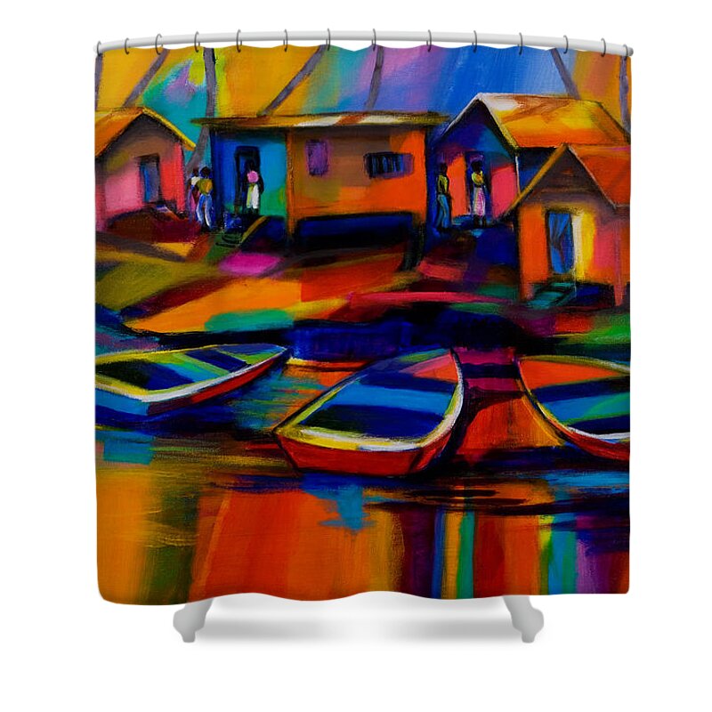 Fishing Shower Curtain featuring the painting Fishing Village by Cynthia McLean