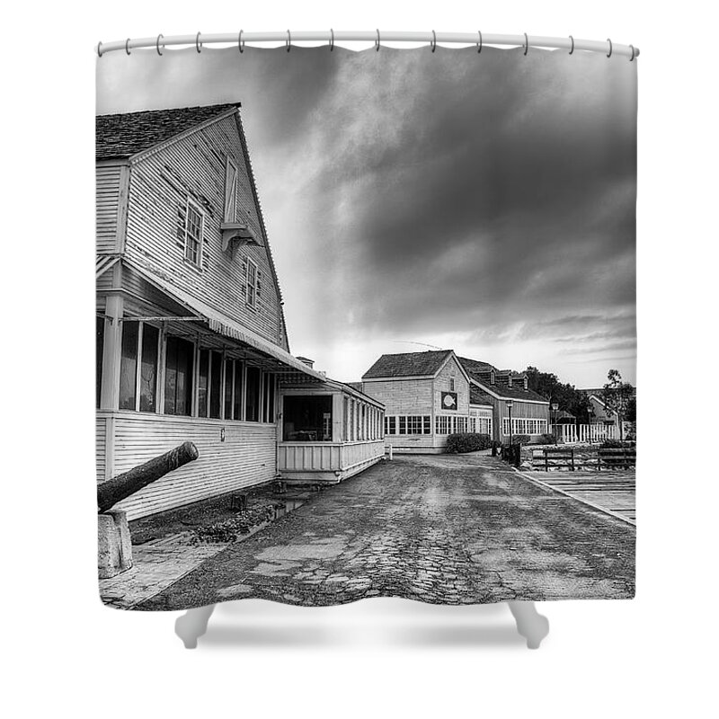 Fishermans Wharf Oxnard California B/w Shower Curtain featuring the photograph Fishing Village one by Wendell Ward