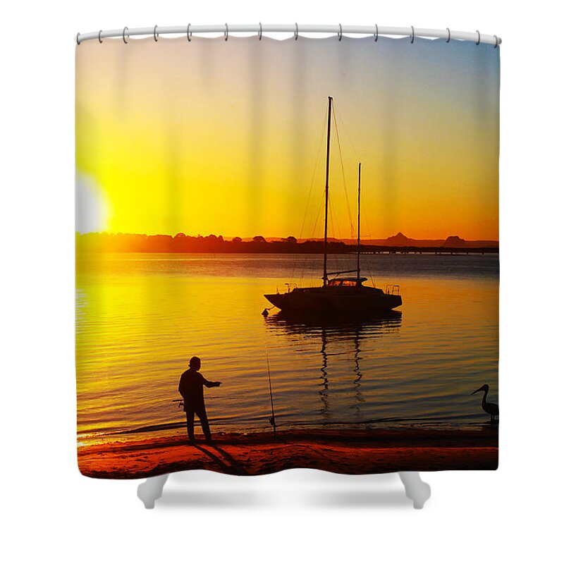 Pelican Shower Curtain featuring the photograph Fishing With a Pelican by Susan Vineyard