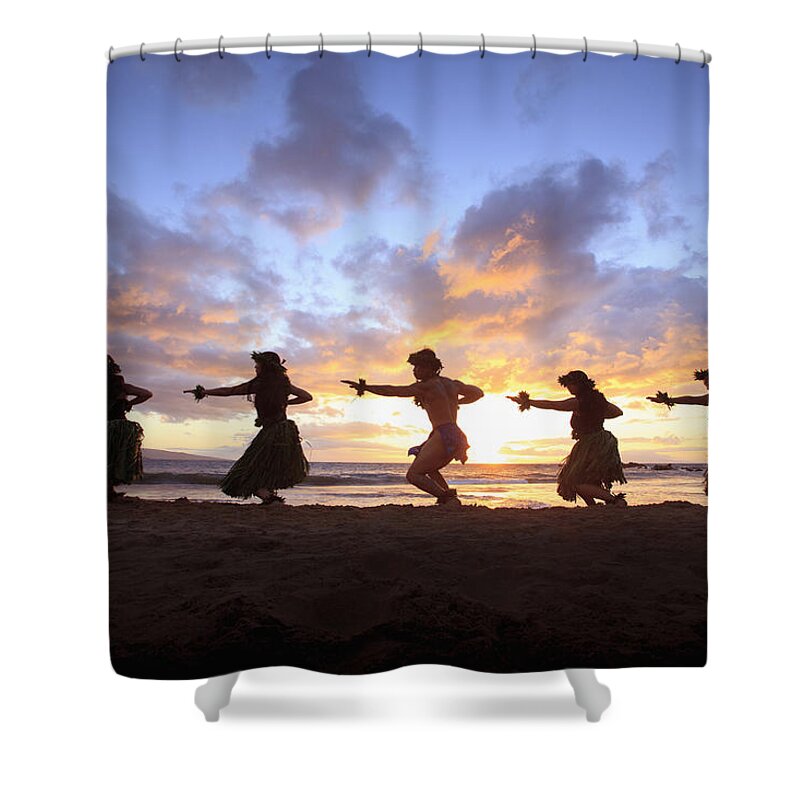 Aloha Shower Curtain featuring the photograph Five Hula Dancers At Sunset At The Beach At Palauea by David Olsen