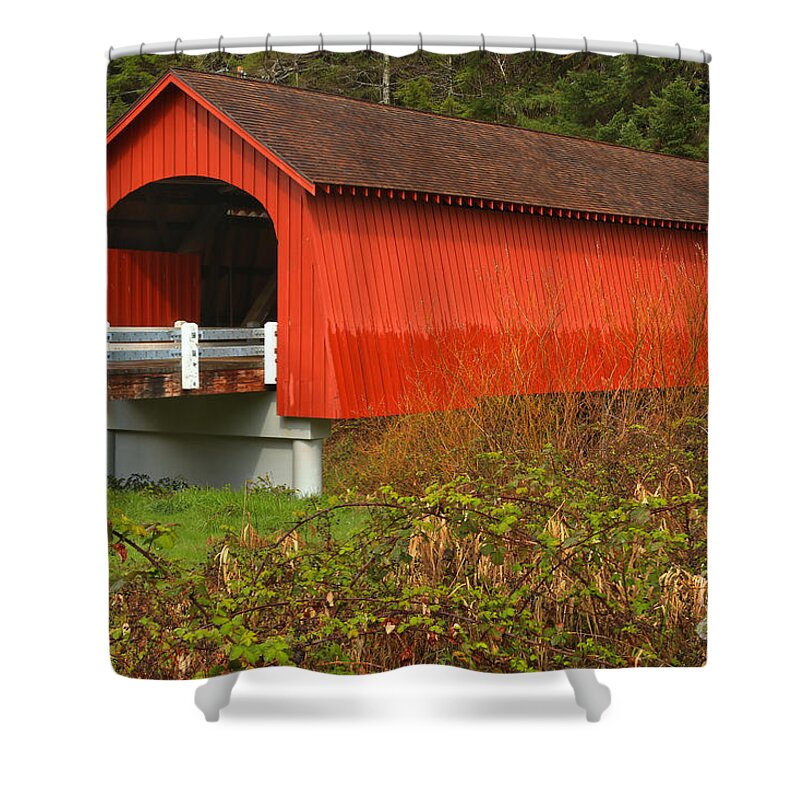 Fisher Covered Bridge Shower Curtain featuring the photograph Five Rivers Covered Bridge by Adam Jewell
