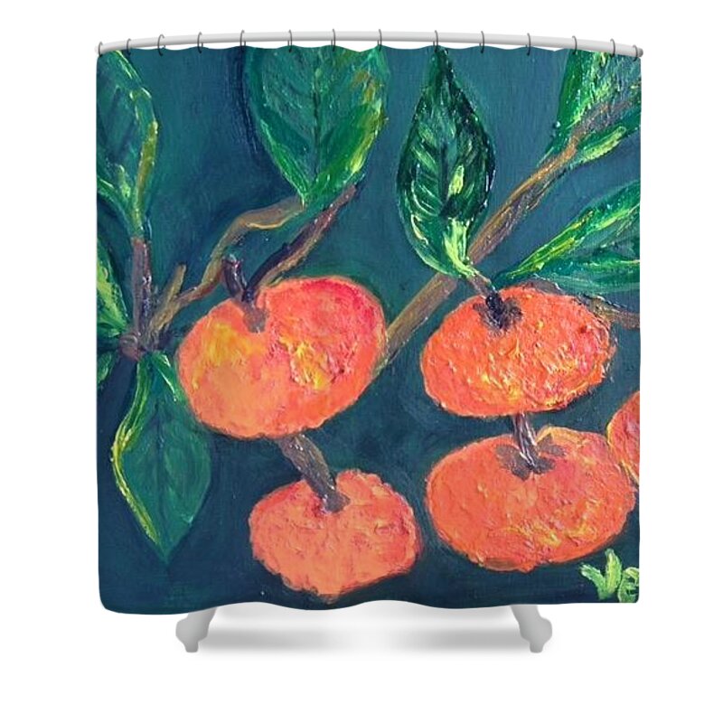 Tangerines Shower Curtain featuring the painting Five Tangerines by Clare Ventura