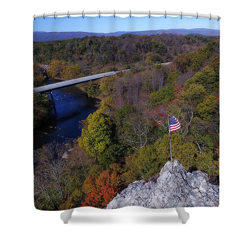 Iron Gate Shower Curtain featuring the photograph Flag and Highway by Star City SkyCams