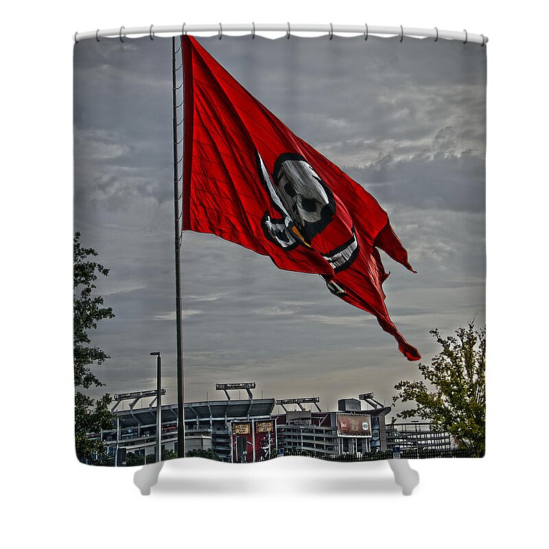 Bucs Shower Curtain featuring the photograph Flag and Stadium by Chauncy Holmes