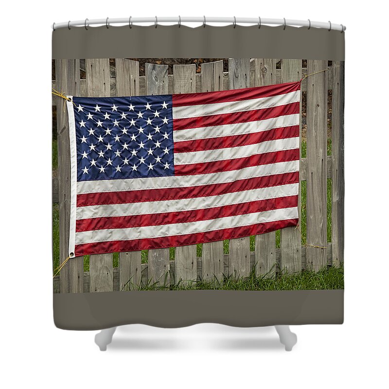 Flag Shower Curtain featuring the photograph Flag on a Fence by Phil Cardamone