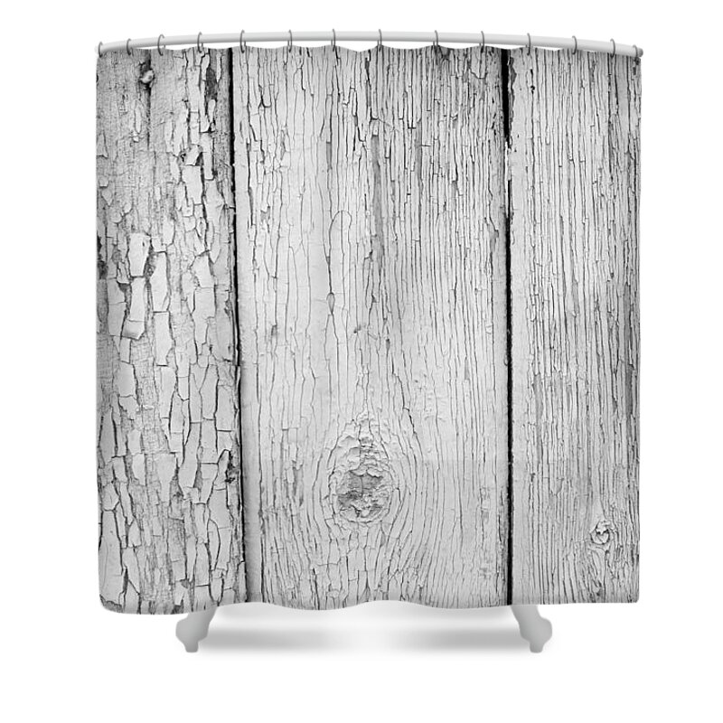 Abstract Shower Curtain featuring the photograph Flaking Grey Wood Paint by John Williams