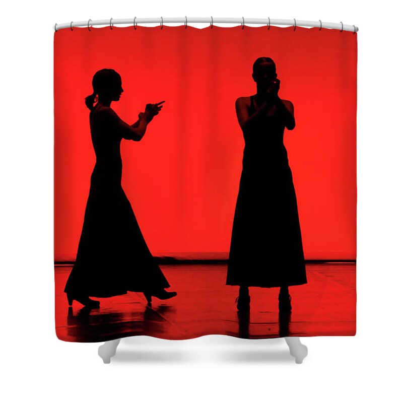 Red Shower Curtain featuring the photograph Flamenco Red An Black Spanish Passion For Dance And Rithm by Pedro Cardona Llambias