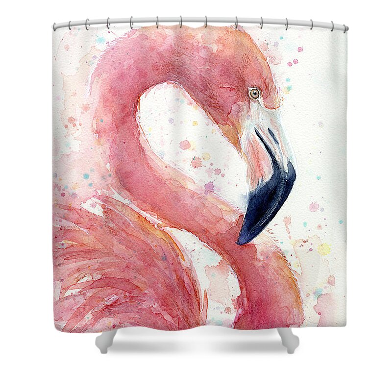 Watercolor Flamingo Shower Curtain featuring the painting Flamingo - Facing Right by Olga Shvartsur
