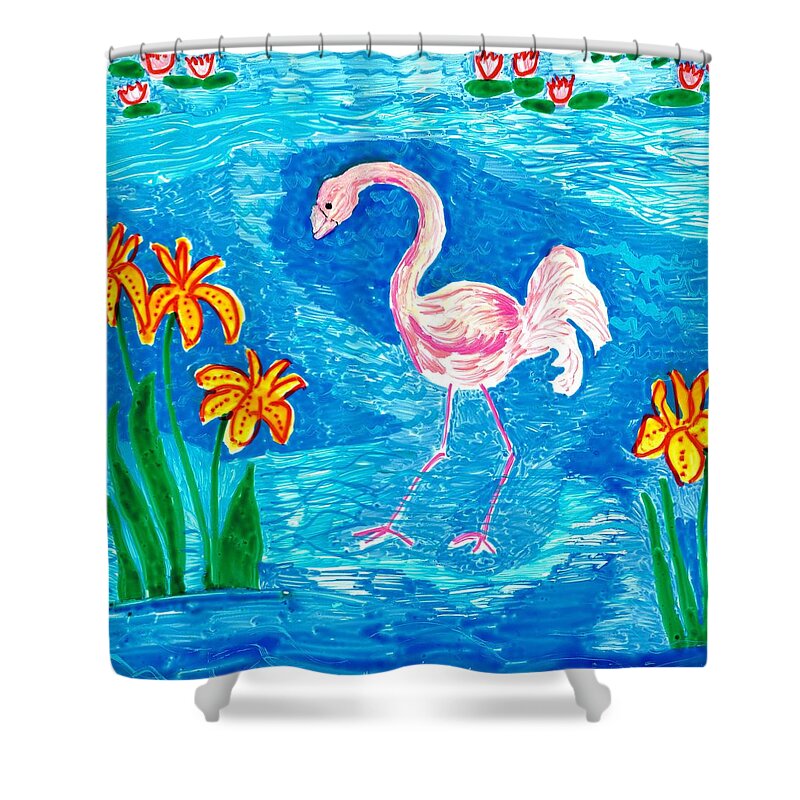 Sue Burgess Shower Curtain featuring the painting Flamingo by Sushila Burgess