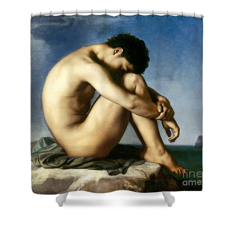 1873 Shower Curtain featuring the photograph Nude Youth by the Seaside, 1837 by H J Flandrin