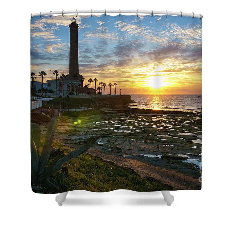 Andalucia Shower Curtain featuring the photograph Flaring Sun at Chipiona Lighthouse Cadiz Spain by Pablo Avanzini