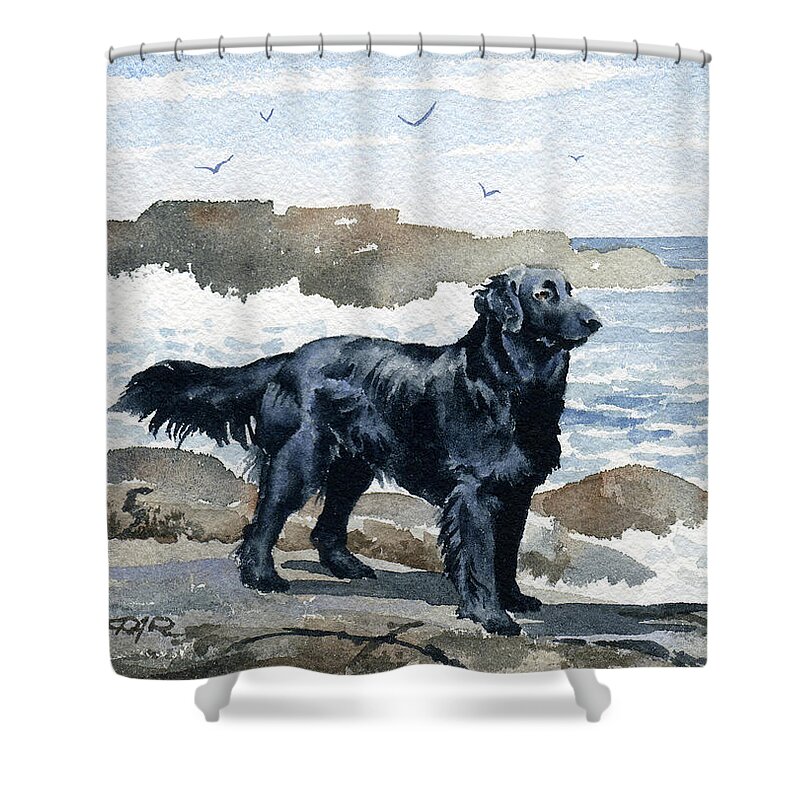 Flat Coated Shower Curtain featuring the painting Flat Coated Retriever at the Beach by David Rogers