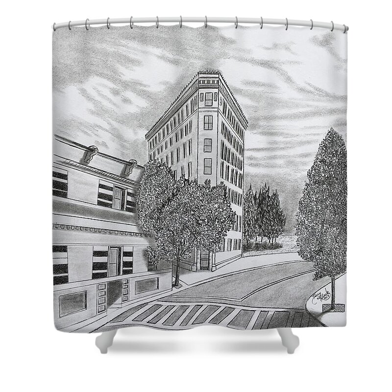 Architecture Shower Curtain featuring the drawing Flatiron in Asheville by Tony Clark