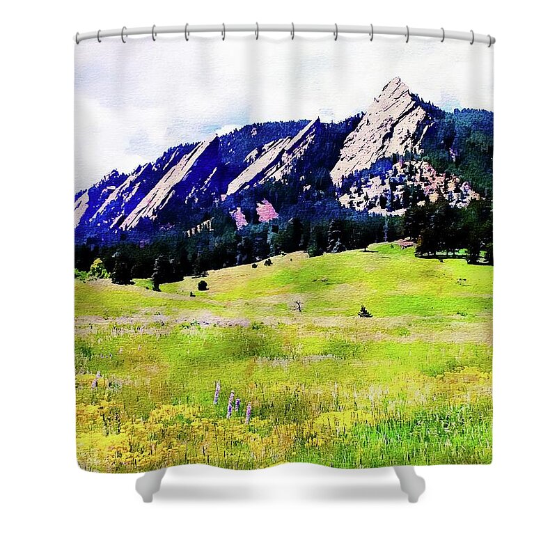 United States Shower Curtain featuring the digital art Flatirons - Boulder, Colorado by Joseph Hendrix