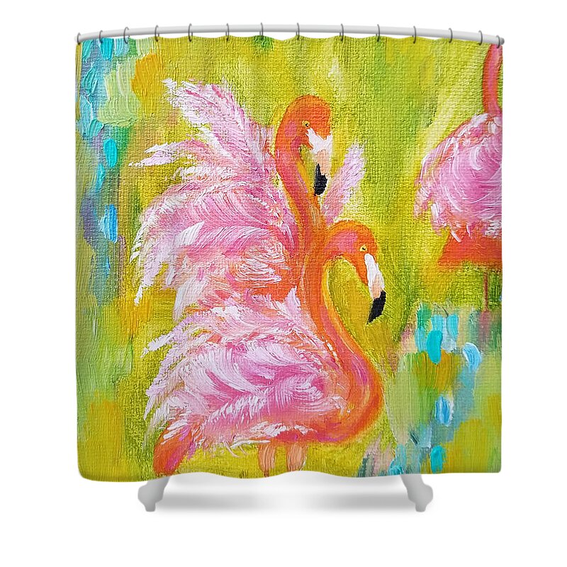 Flamingo Shower Curtain featuring the painting Flaunting Feathers by Judith Rhue