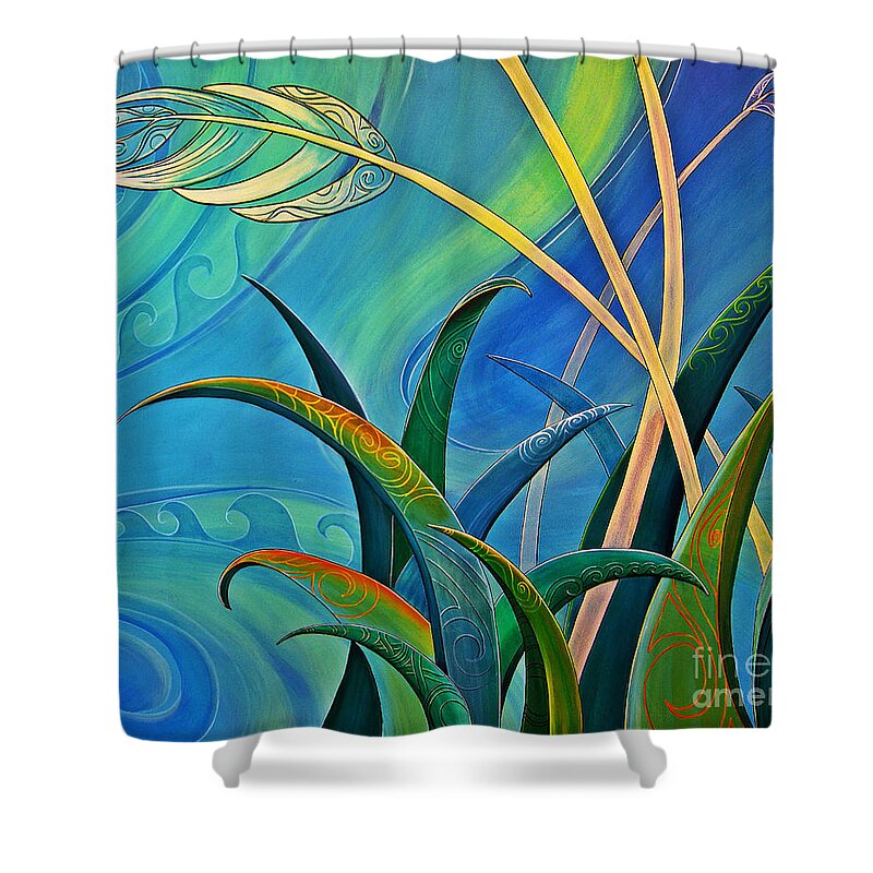 Flax Shower Curtain featuring the painting Flax Harakeke by Reina Cottier by Reina Cottier