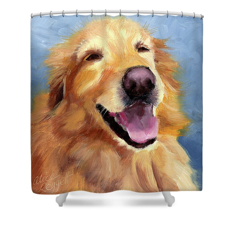 Golden Retriever Shower Curtain featuring the painting Fletcher Laughing by Alice Leggett