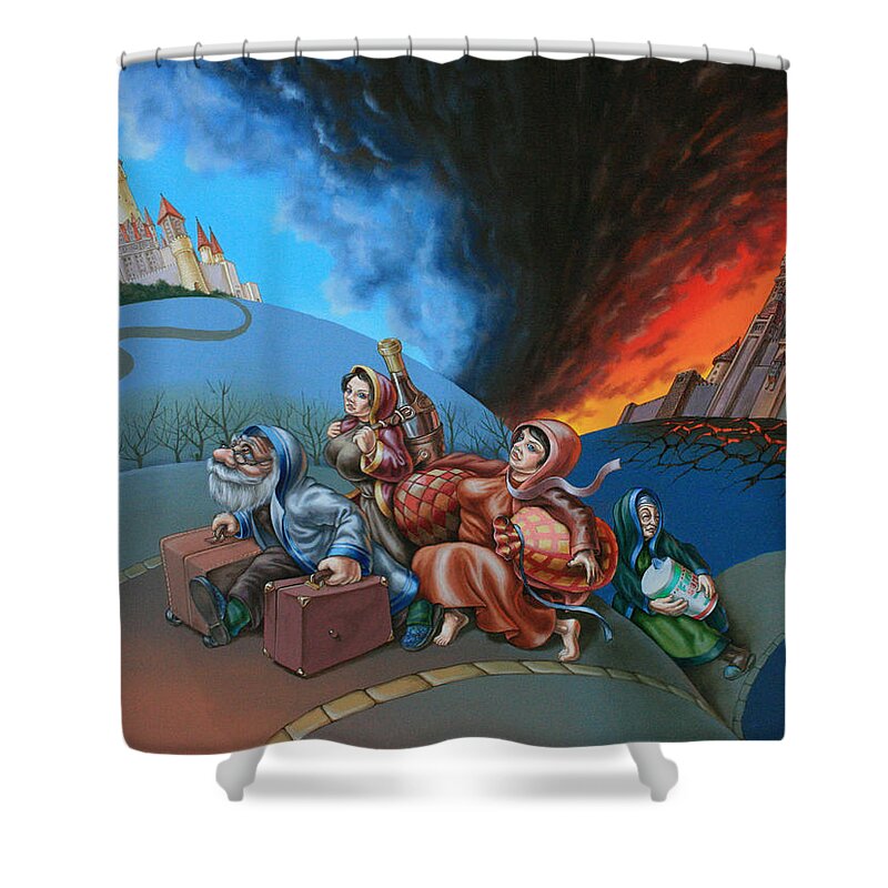 Flight Shower Curtain featuring the painting Flight of Lot out from Sodom by Victor Molev