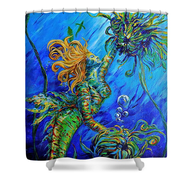 Blond Mermaid Shower Curtain featuring the painting Floating Blond Mermaid by Gregory Merlin Brown