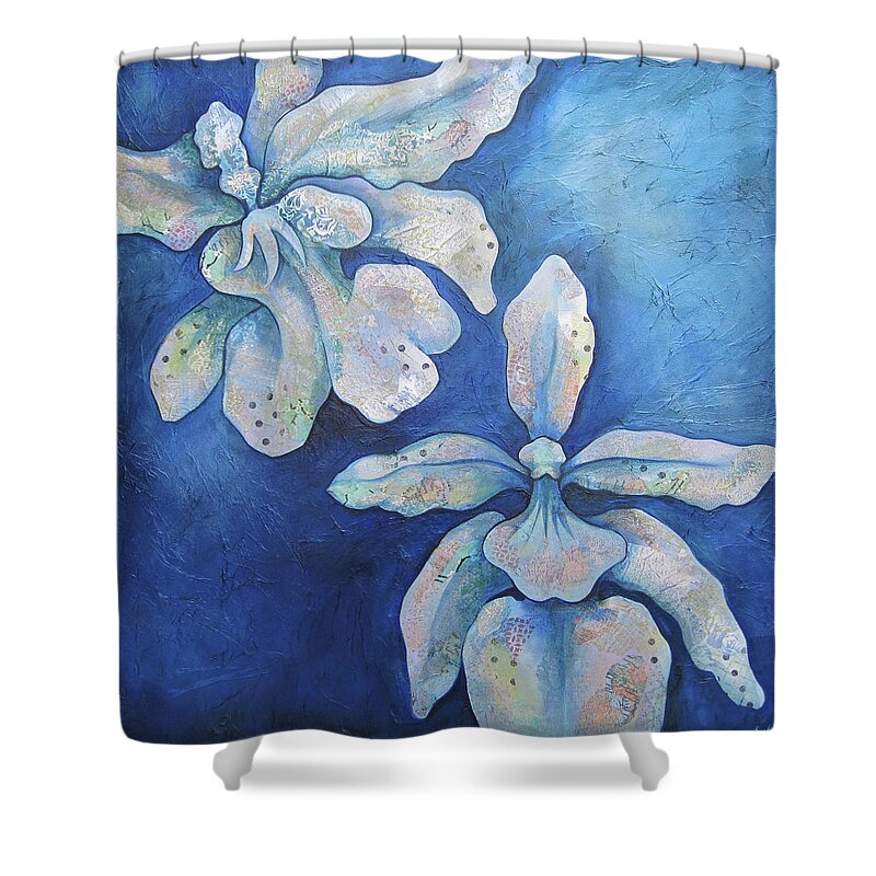 Blue Shower Curtain featuring the painting Floating Orchid by Shadia Derbyshire