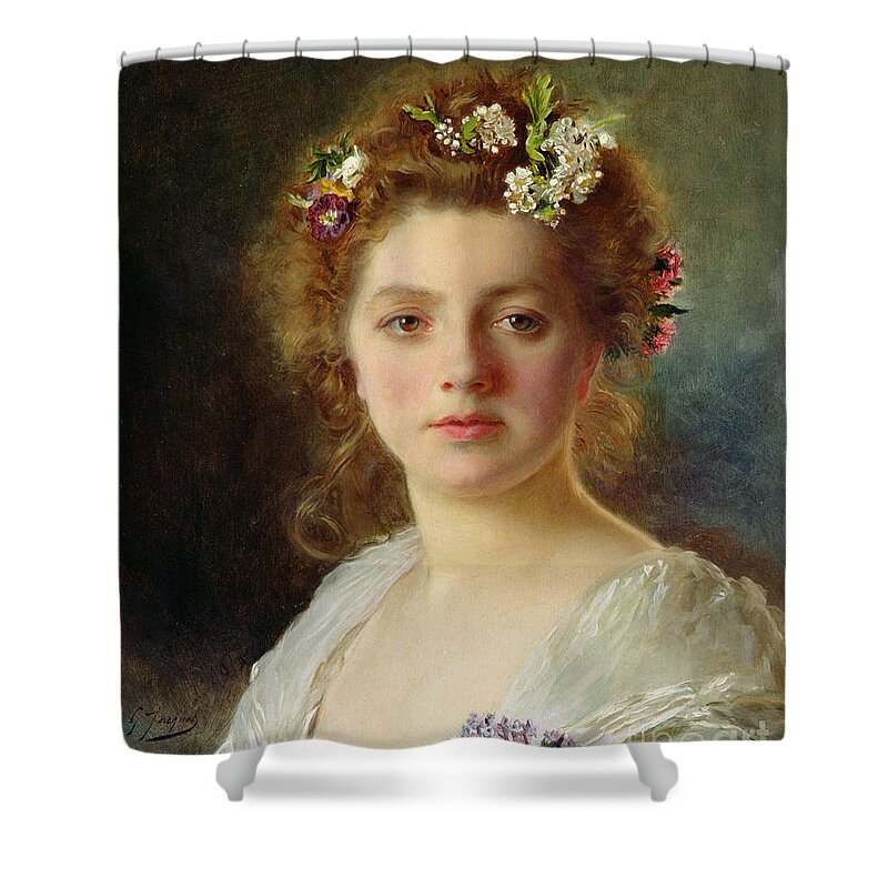 Female; Portrait; Flowers; Flower; Garland; Decollete; Beauty; Young; Rural; Tess; Hair; Regard; Staring; Woman; Gustave Jacquet Shower Curtain featuring the painting Flora by Gustave Jacquet