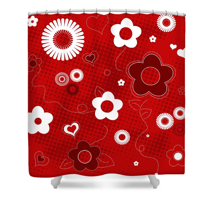 Abstract Shower Curtain featuring the drawing Floral And Hearts Valentine Pattern by Serena King