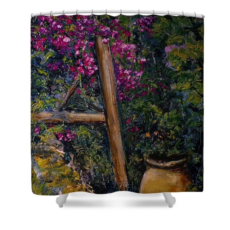 Bouganvilla Shower Curtain featuring the painting Floral peace by Lizzy Forrester