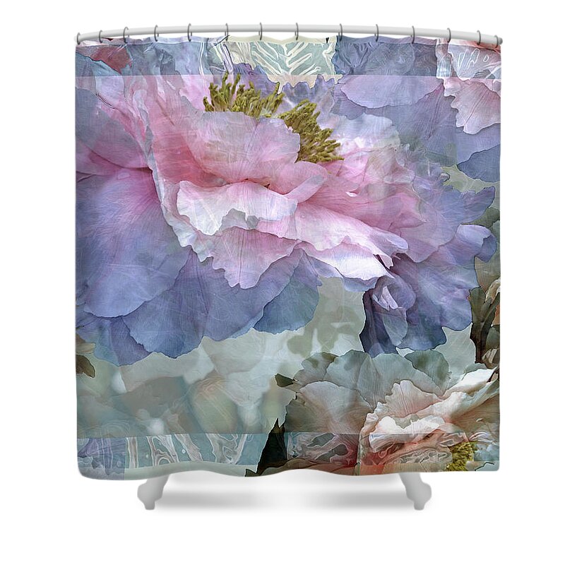 Peony Fantasies Shower Curtain featuring the mixed media Floral Potpourri with Peonies 24 by Lynda Lehmann