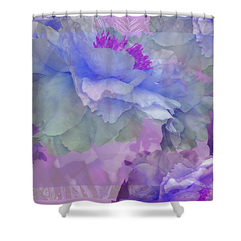 Peony Fantasies Shower Curtain featuring the mixed media Floral Potpourri with Peonies 4 by Lynda Lehmann