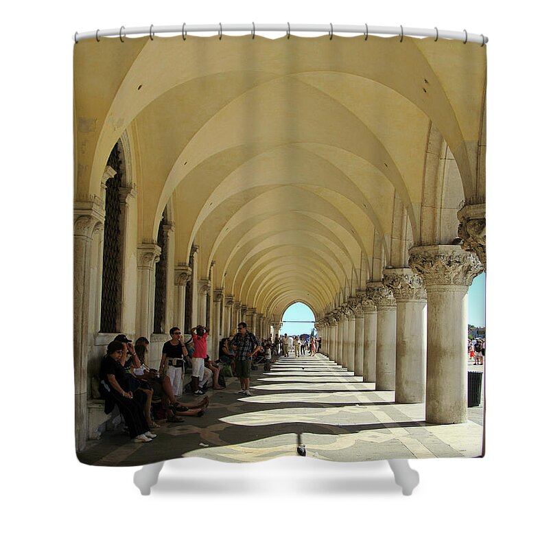 Columns Along Arno River Shower Curtain featuring the painting Florence Columns by Lisa Boyd