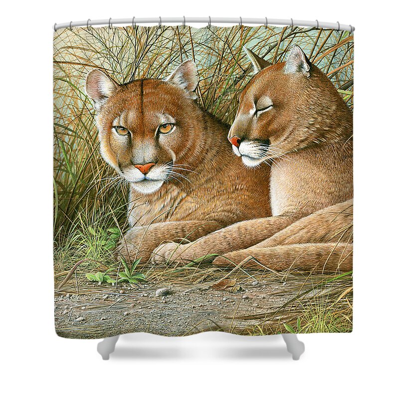Panther Shower Curtain featuring the painting Florida Siblings by Mike Brown