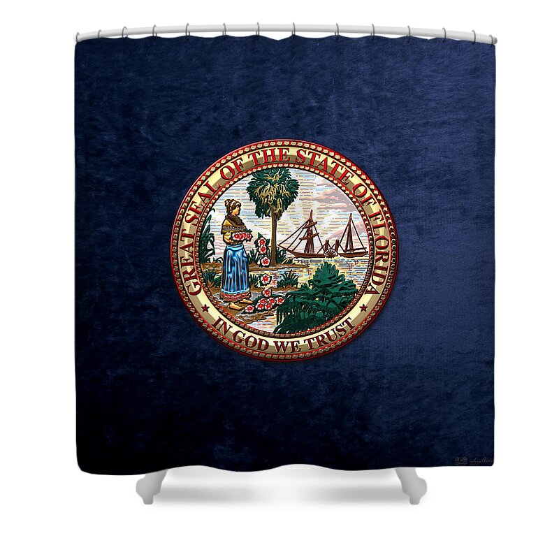 'state Heraldry' Collection By Serge Averbukh Shower Curtain featuring the digital art Florida State Seal over Blue Velvet by Serge Averbukh