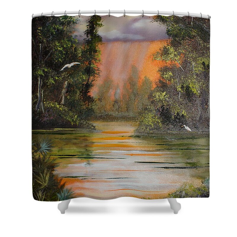 Landscape Shower Curtain featuring the painting Florida Thunderstorm by Susan Kubes
