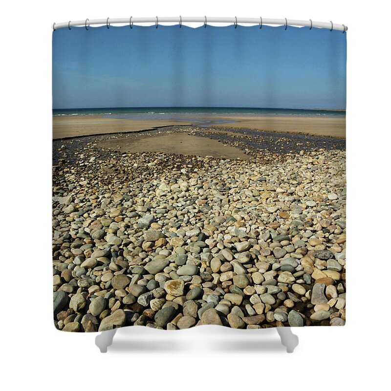 Eddie Barron Shower Curtain featuring the photograph Pebbles on the Beach Portsalon Donegal Ireland by Eddie Barron