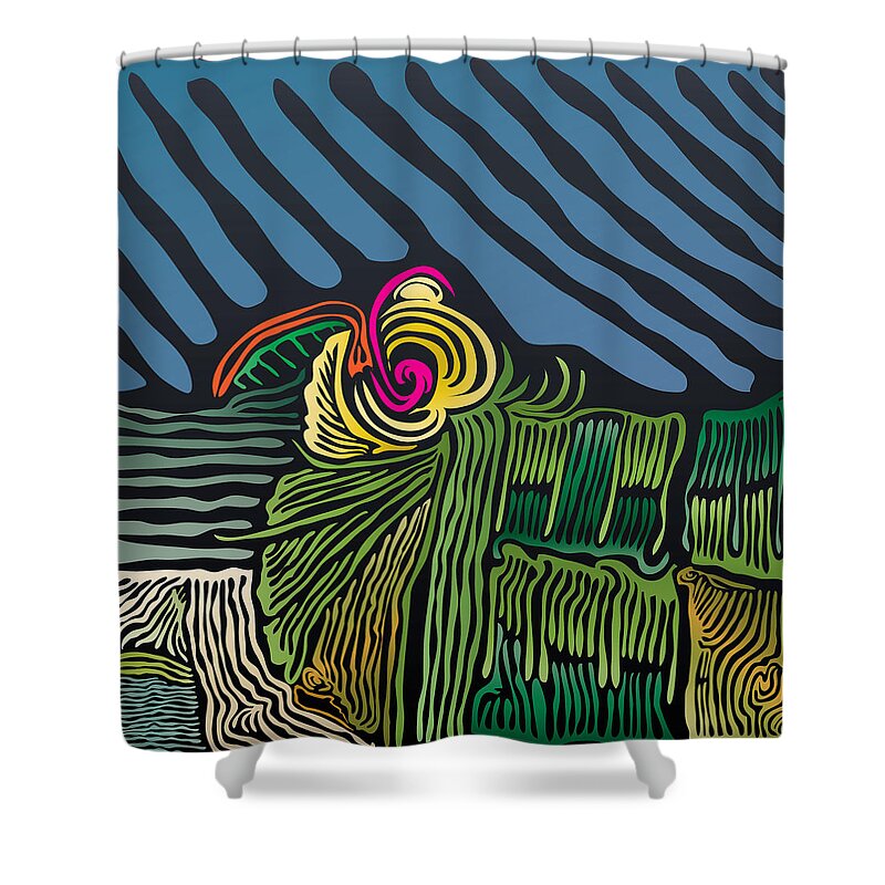 Woodcut Shower Curtain featuring the digital art Flower and Field by Kevin McLaughlin