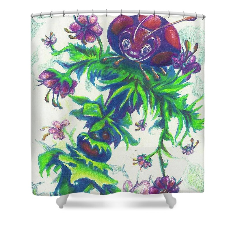 Abstract Shower Curtain featuring the drawing Flower Beetle by Leizel Grant