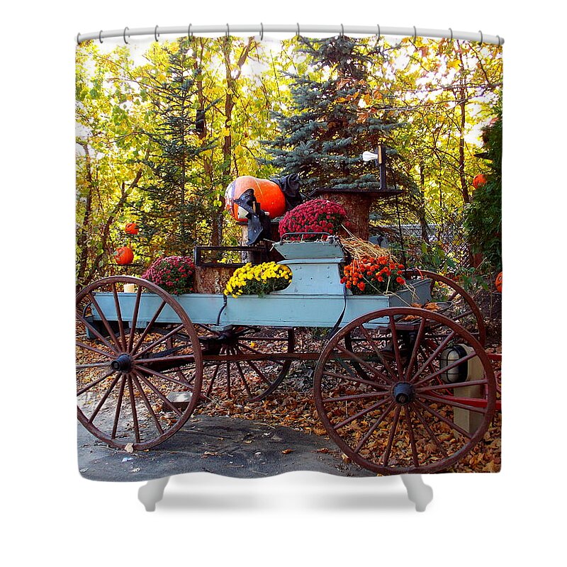 Roger Williams Park Shower Curtain featuring the photograph Flower Filled Wagon by Catherine Gagne