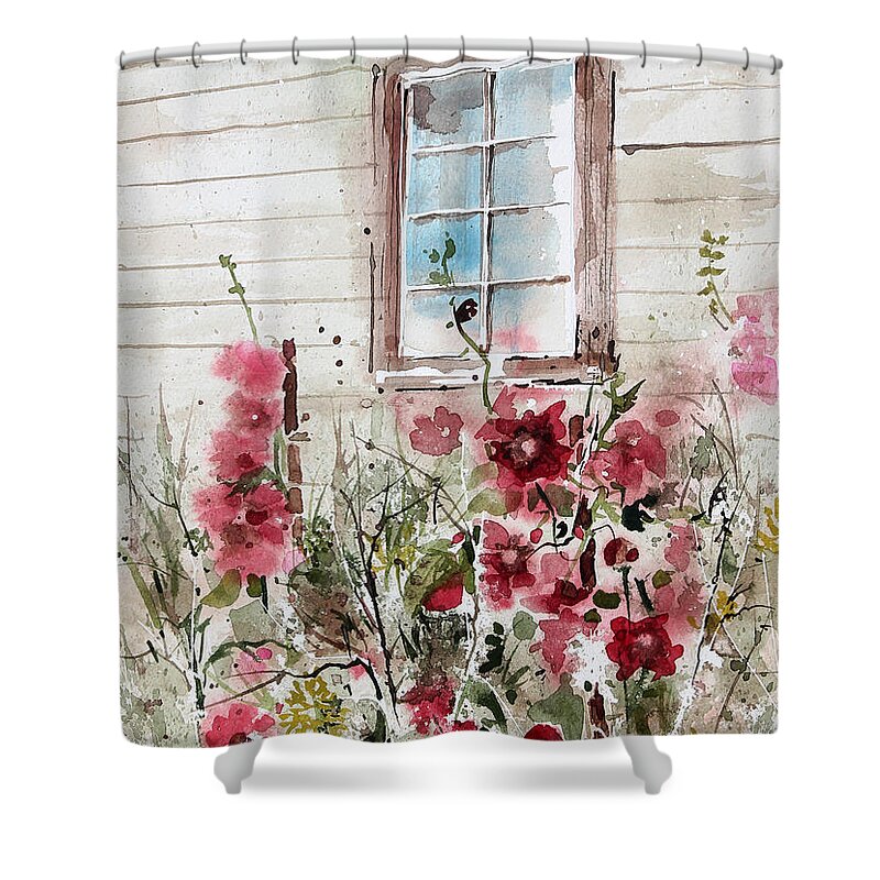An Assortment Of Red And Pink Flowers Outside A Window Shower Curtain featuring the painting Flower Garden by Monte Toon