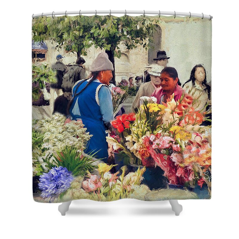 Julia Springer Shower Curtain featuring the photograph Flower Market - Cuenca - Ecuador by Julia Springer